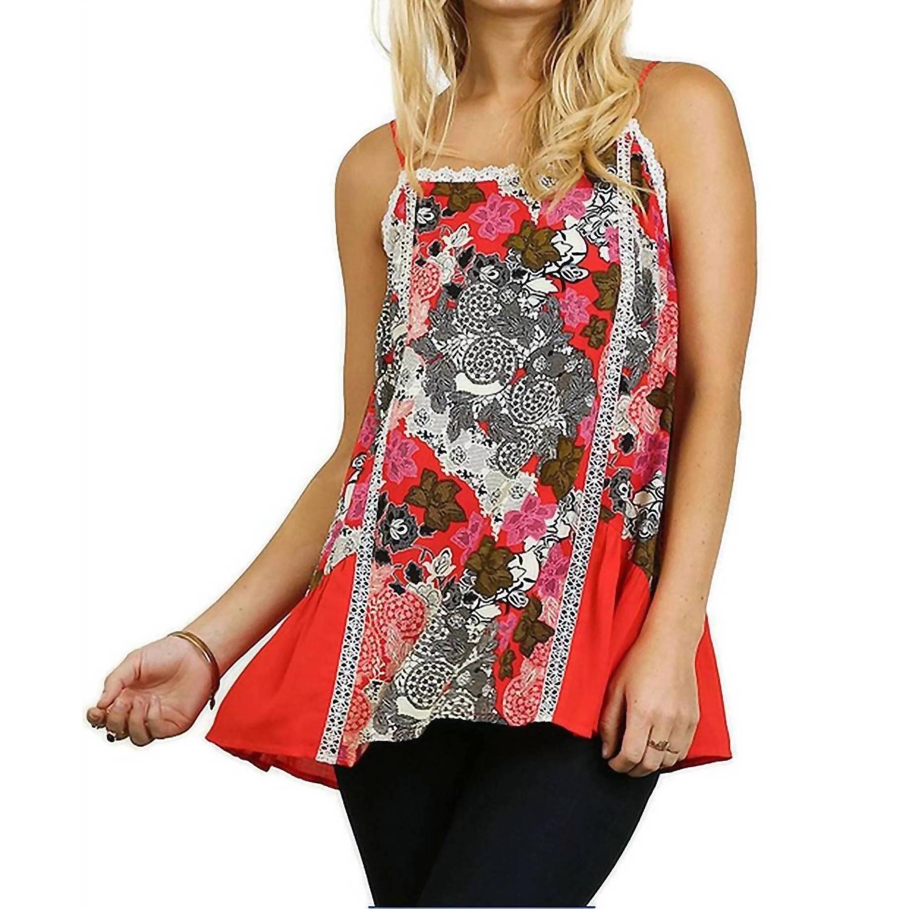New Umgee Floral Spaghetti Strap Lace Tank Top In Red